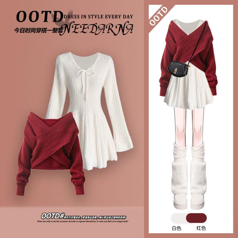 Product Introduction of Winter Set Women's 2024 New Gentle Knitwear Sweater with Pure Desire Style Dress Slim Two-Piece Set 18