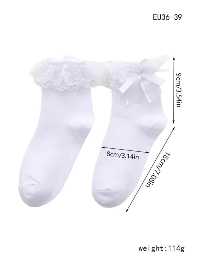 Product Introduction of Women's Bow Decor Contrast Lace Crew Socks, Lolita Style Plain Socks, Ladies Socks for All Seasons 5