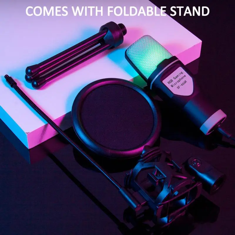 USB Powered Desktop Microphone With Foldable Bracket, RGB Colorful Lighting Effect Live Streaming Microphone, Gaming Microphone 3