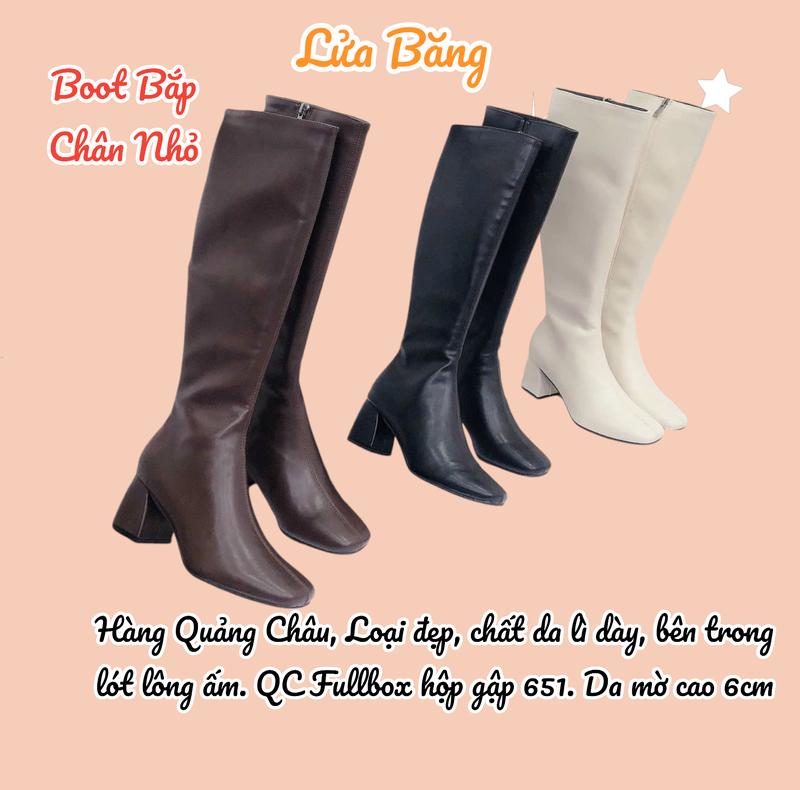 Lửa Băng Boot nữ cổ cao chất da lì mịn gót vuông 6cm bên trong có lót lông Shoes Giày Bốt dành cho bắp chân nhỏ và to