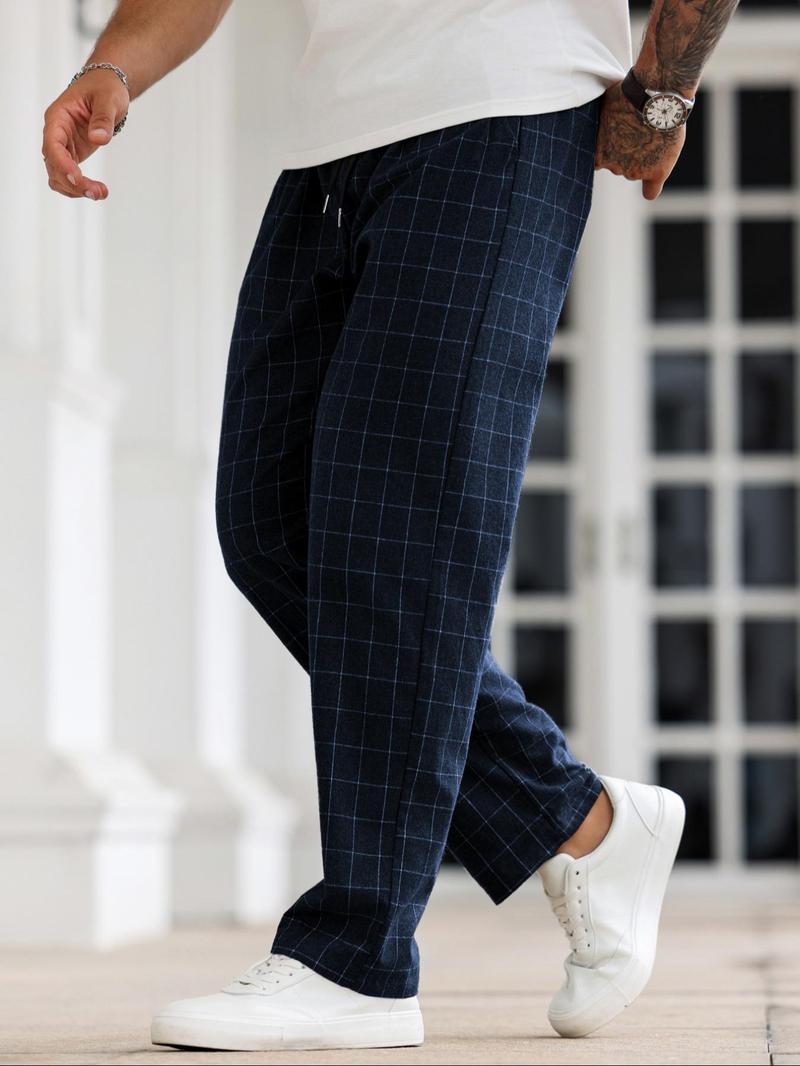 Product Introduction of Men's Plaid Print Drawstring Waist Straight Leg Pants, Regular Fit Casual Comfy Pocket Trousers for Daily Wear, Men's Bottoms for All Seasons 9