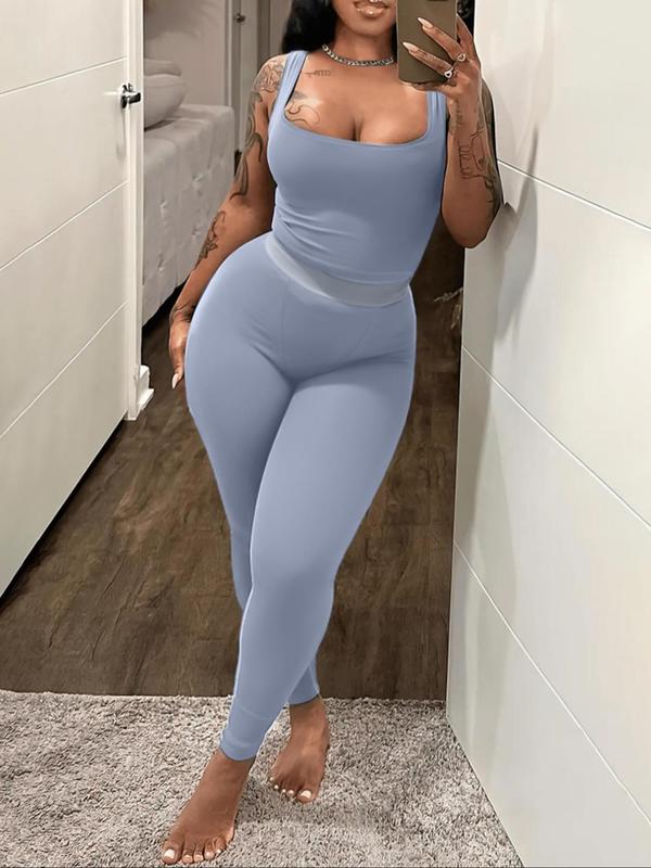 Lovelywholesale 2 Counts Plus Size Solid Scoop Neck Crop Tank Top & High Waist Pants Set, Summer Clothes Women, Sleeveless Top & Skinny Trousers, Two-piece Outfits for Summer 0