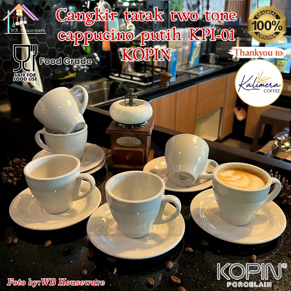 cangkir kopi set 6 pasang / tea cup / gelas cappucino / KPI-01 PUTIH TWO TONE KOPIN 200CC