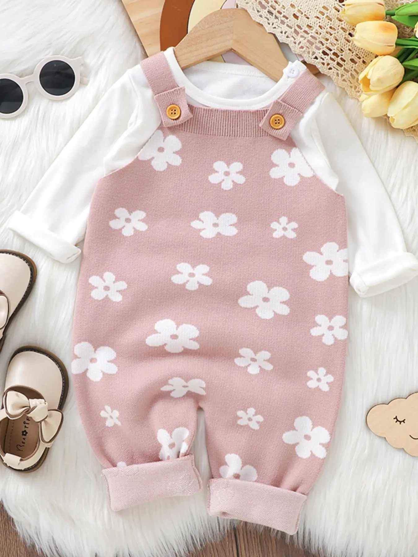 Baby's Floral Print Sleeveless Onesie, Cute Casual Comfy Knitwear for Infant Toddler Kids, Newborn Baby Girls One-piece Clothes for All Seasons