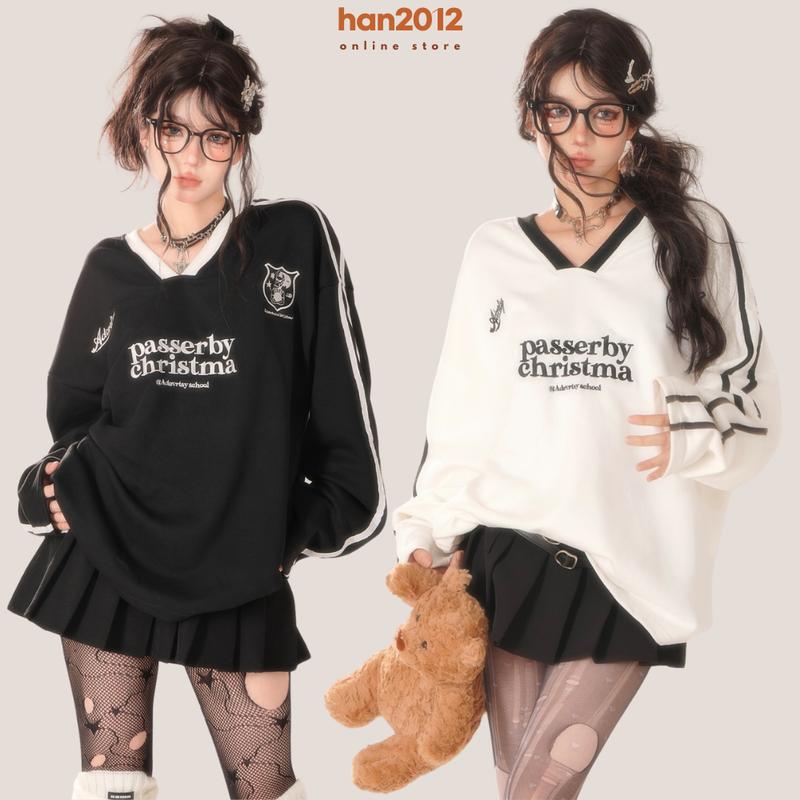 Áo sweater cổ chữ v phong cách học đường cá tính đen trắng dáng rộng tay dài chất nỉ chân cua RETRO MỸ Nữ Women Top Hoodie