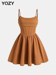 YOZY Plain Pleated Scoop Neck Corset Cami Dress/ Elegant Sleeveless Short A Line Dress, Women's Summer Outfits for Party, Holiday, Dating