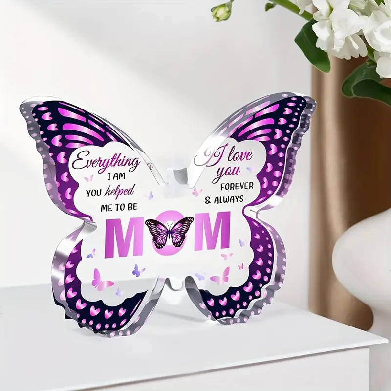 Butterfly Shaped Acrylic Ornament, Butterfly & Letter Pattern Decorative Plaque, Creative Gift for Mom, Desk Ornament for Home and Office 3