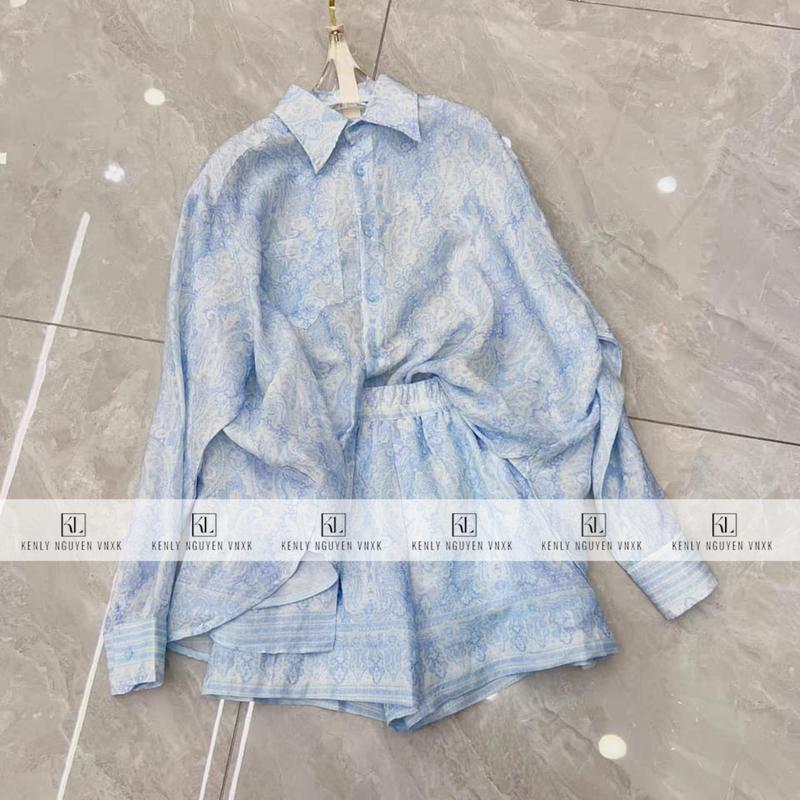 Set Áo Kiểu Chất Voan Tơ Mềm Hai Lớp Cổ Bẻ Kèm Chân Váy Tiểu Thư Cách Điệu