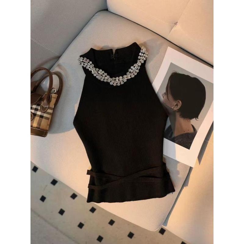 Áo Vest Dệt Kim Cổ Yếm Kim Cương, Cao Cấp, Dành Cho Nữ, Thanh Lịch Và Gợi Cảm, Ngắn Và Bó Sát, Trễ Vai, Thiết Kế Dễ Thương Và Gợi Cảm, Thích Hợp Cho Mùa Hè 4