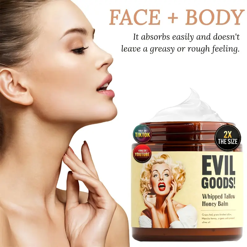 2x Evil Goods Whipped Vanilla Beef Tallow Balm - Hypoallergenic, Deep Hydration Moisturizer For Face & Body, 100% Grass Fed, With Glycerin, Coconut/Olive Oil & Honey