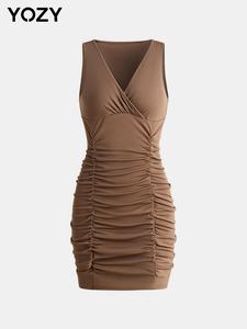 YOZY Women's Plain Ruched Wrap V Neck Bodycon Dress, Chic Solid Color Sleeveless Tank Dress, Ladies Clothes for All Seasons