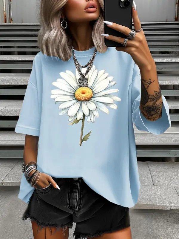 【Plus Size】 Floral Print Round Neck Tee, Fashion Casual Crew Neck Short Sleeve T-shirt for Daily Outdoor Wear, Women Plus Clothing for Summer, Top, Summer Clothes Women 4