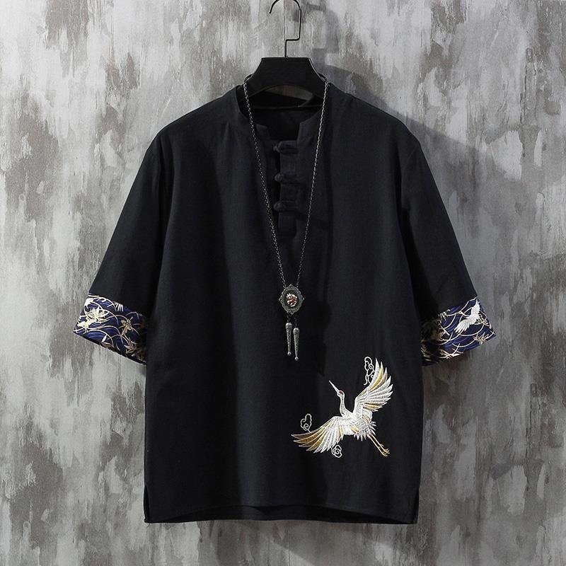 Chinese Style Men's Linen Short Sleeve T-Shirt Summer Thin Loose Plus Size Embroidered Tang Suit Half Sleeve Shirt Cotton Linen Tee 2