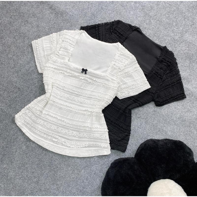  Áo Thun Thiết Kế Bigsize Nữ Phối Ren Cổ Vuông Đính Nơ Sành Điệu Tay Ngắn Có Lót May Liền Thanh Lịch A256 Nhung Top Shirt Women 