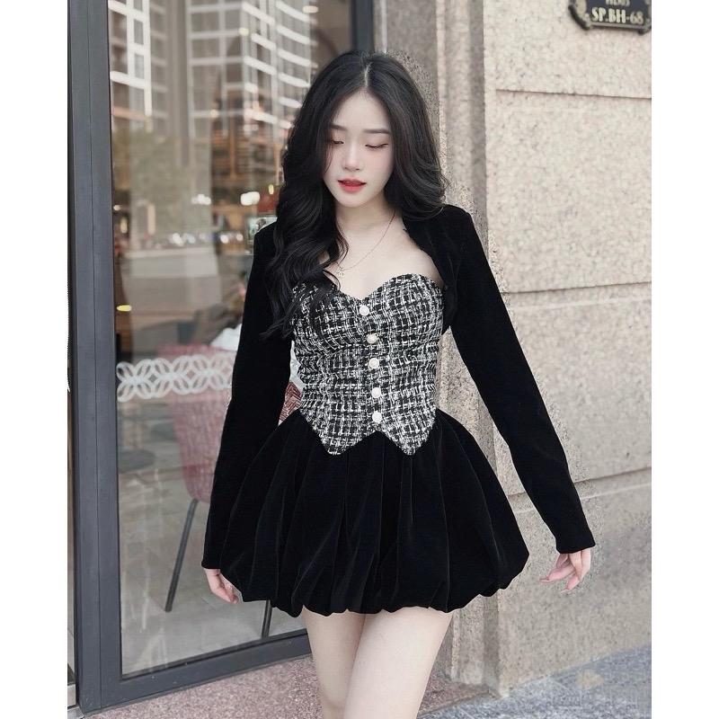 Set 3 món áo quây dạ kèm mút ngực + khoác nhung+ quần nhung bí cá tính quyến rũ 6