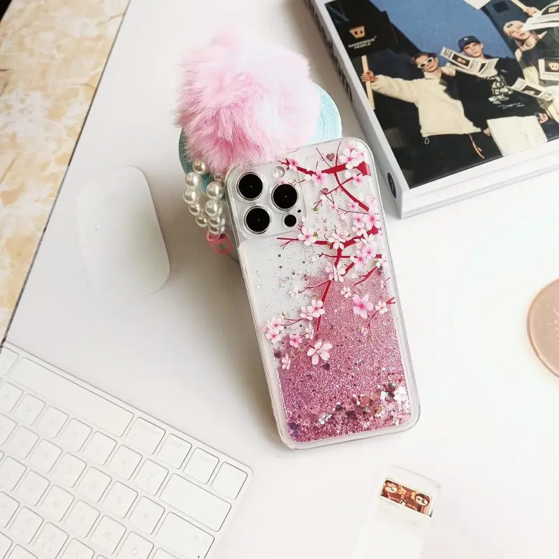 Glitter Blossom Pattern Phone Case with Plush Lanyard, Decorative Phone Protector Cover, Phone Accessories Compatible with iPhone 11 12 13 14 15 16 Pro Max/Pro/Plus, Casing 2