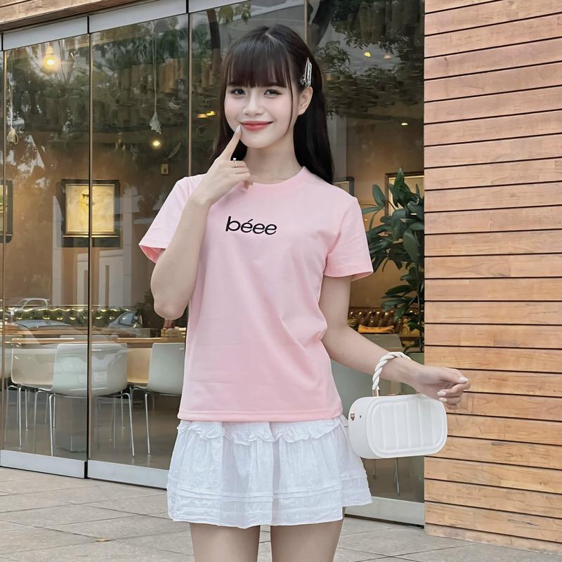 ÁO thun baby tee em bé dơn  giản hinh thêu Cổ Tròn Nữ Top Cotton Women Kem