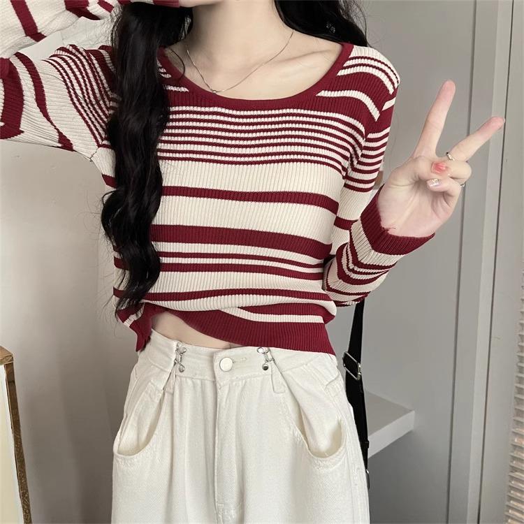 Áo Mặc Bên Trong Lớp Cơ Sở, Phong Cách Mỹ, Dành Cho Nữ, Cổ Điển, Đồ Len Kẻ Sọc, Ngắn, Thích Hợp Cho Mùa Thu, Dễ Phối Đồ, Duyên Dáng, Phong Cách Xã Hội Women Top Sọc Kẻ 1