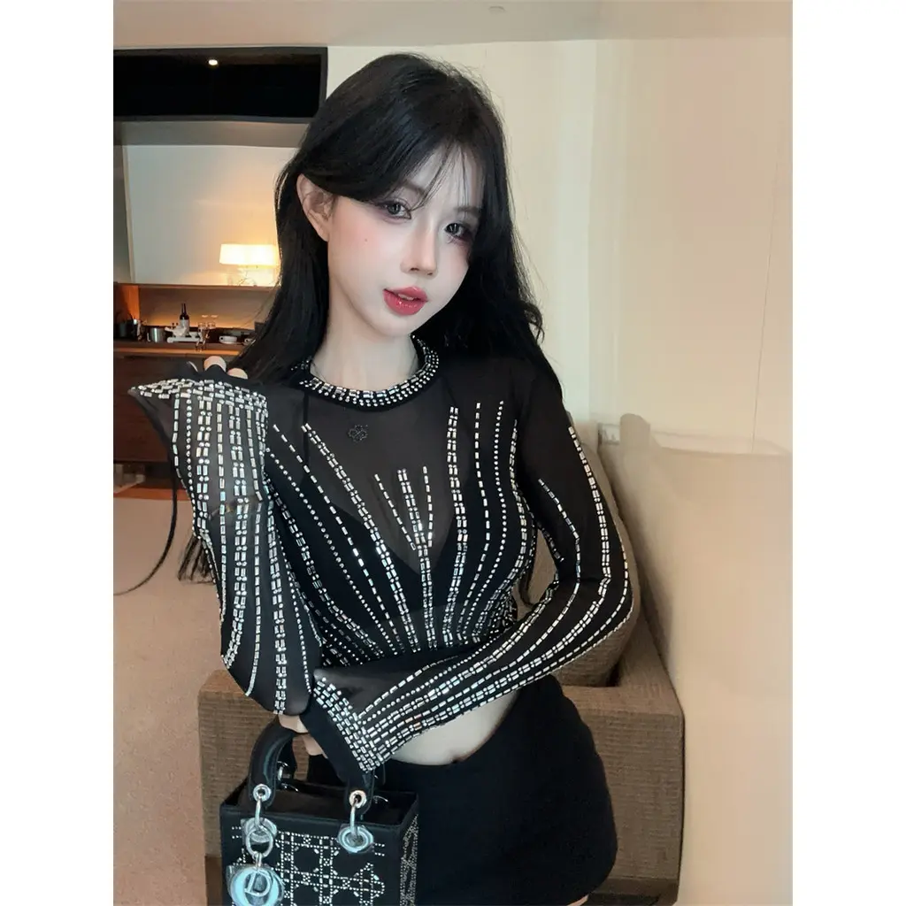 Áo Thun Công Nghiệp Nặng, Thời Trang, Khoan Nóng, Cổ Tròn, Tay Dài, Áo Lưới Phối Cảnh Gợi Cảm