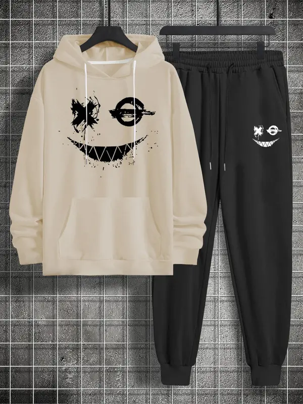 Men's Graphic Hoodie & Drawstring Sweatpants Matching Sweatsuit Set, Regular Fit Stylish Longsleeves Hooded Sweatshirt & Jogger Pants, Holiday Outfits 2024, Men's Streetwear Outfits Mens Paris Tracksuit Valentine's Day, gift 2