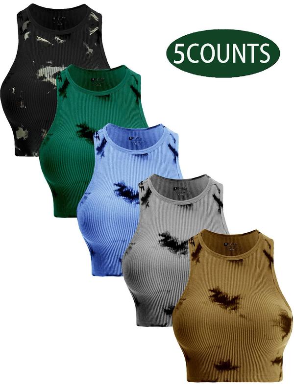 Women's 5pcs Tie Dye Print Round Neck Sports Vest, Casual Sporty Sleeveless Ribbed Tank Top for Tennis Pickleball Yoga Gym Workout Running, Ladies Sportswear Fitness  for All Seasons, Gym Wear, Tank Tops 3