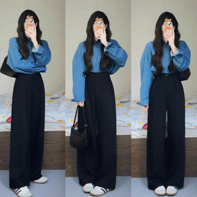 Quần tây nữ lưng cao Đi học ống rộng màu Đen khóa trước dáng xuông dài 95cm Quần ống rộng nữ công sở cạp cao vải Đẹp mềm có túi Ong Women Pants Kem