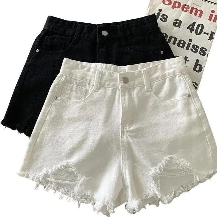 Quần Short kaki jean rách 2 đường lưng cao/ Quần đùi rách ít tua rua ống rộng/ Quần short 2 màu trắng đen rách Nữ Women Jean Tua Rua Pants Ong Có Túi