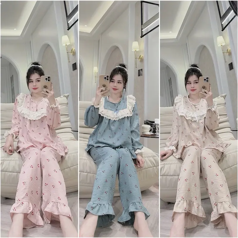 (Chery Bèo) Bộ Tiểu Thư Đũi Vân Mây Hoạ Tiết Chery Phối Ren 3 Màu Xinh xỉu