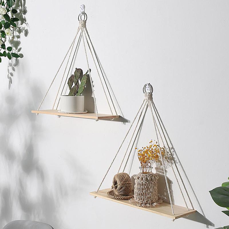 Hanging Wooden Shelves, 2 Counts Boho Hanging Plant Shelf, Floating Farmhouse Rustic Shelf, Room Decor, Summer Gifts Home Interior Decor 8