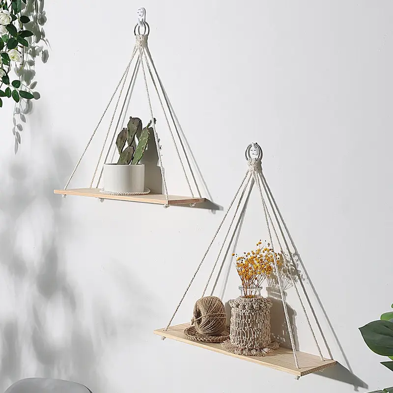 Hanging Wooden Shelves, 2 Counts Boho Hanging Plant Shelf, Floating Farmhouse Rustic Shelf, Room Decor, Summer Gifts Home Interior Decor, Hanging Hook 8