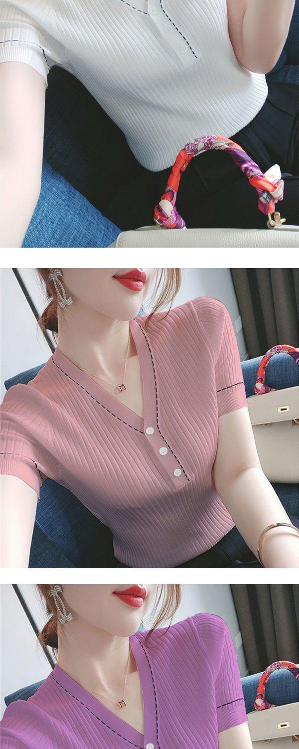 Product Introduction of Áo Thun ngắn Tay Cổ Chữ V Bằng Lụa Lạnh Dễ Phối Đồ Phong Cách Hàn Quốc Mới Mùa Hè, Dành Cho Nữ, Dáng Ôm, Bó Sát, Chắp Vá Nút, Áo Dệt Kim, Mỏng, Bó Sát 8