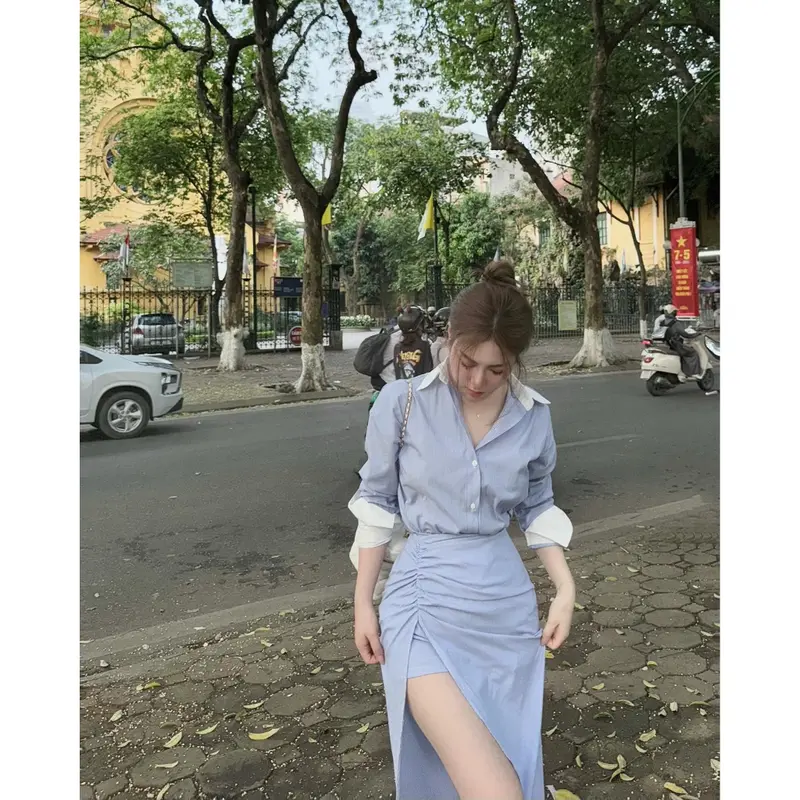 Set 2 Món Áo Sơ Mi Kẻ Kè Chân Váy Cách Điệu Xẻ Tà Siêu Tôn Dáng | FASHION STORE C4 4