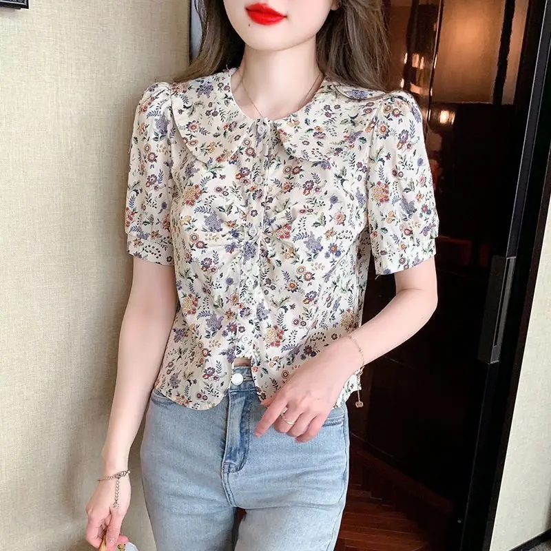 Áo Sơ Mi Hoa Phong Cách Đồng Quê ngắn Tay, Tay Phồng, Phong Cách Hàn Quốc Độc Đáo Áo Col Claudine, Dành Cho Nữ, Hàng Mới Về Mùa Hè 2024, Thanh Lịch