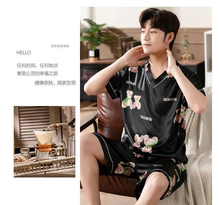 Product Introduction of Men's Pajamas Summer Fashion V-Neck Thin Ice Silk Short-Sleeved Shorts Nightie Two Piece 2024 New Boys Casual Sleepwear Nightie 26