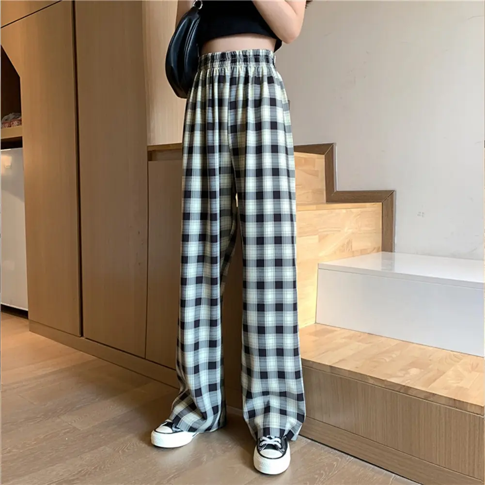Quần Dài Ngoại Cỡ Phong Cách Harajuku, Nữ, Phong Cách Hàn Quốc, Cạp Cao, Kẻ Ca Rô, Ống Rộng Women Pants