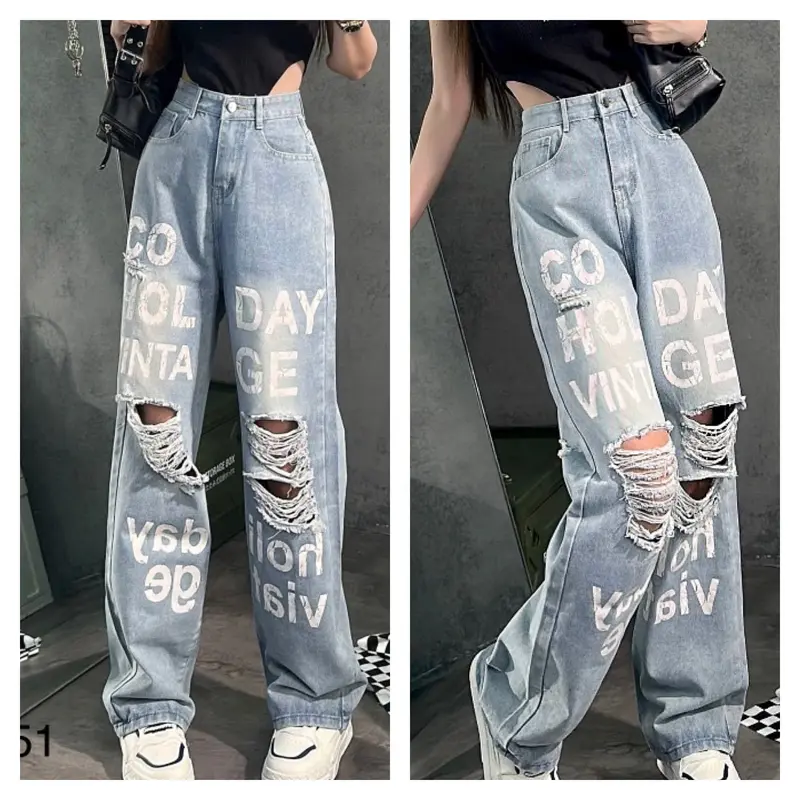 Quần Jeans Nữ Dáng Suông ,Quần Bò In Chữ Rách Kiểu Lưng Cạp Cao Chất Vải Dày Dặn Cao Cấp Chuẩn Đẹp Women Pants Kem 4