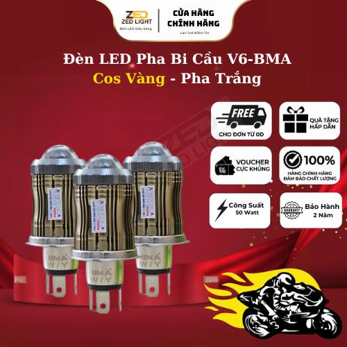 Đèn Pha LED Bi Cầu Mini V6 Cos Vàng Pha Trắng - 50W Trợ Pha Laser Chuyên Lắp Oto Xe Máy - Bảo Hành 24 Tháng