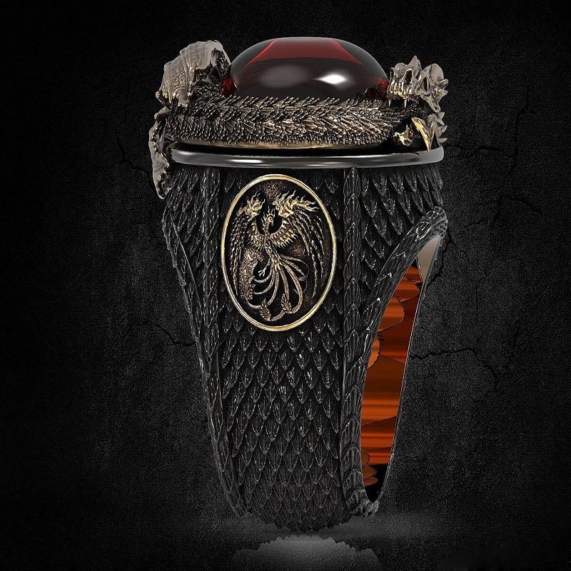 Dargon and Phoenix vintage black gold men's ring Engraved gold and red garnet ring Anniversary gift Wedding 4
