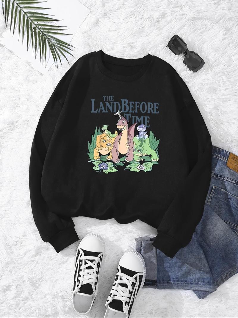 Product Introduction of Women's Cartoon Dinosaur Print Round Neck Sweatshirt, Fashion Casual Crew Neck Long Sleeve Pullover for Daily Wear, Ladies Fall & Winter Clothes 1