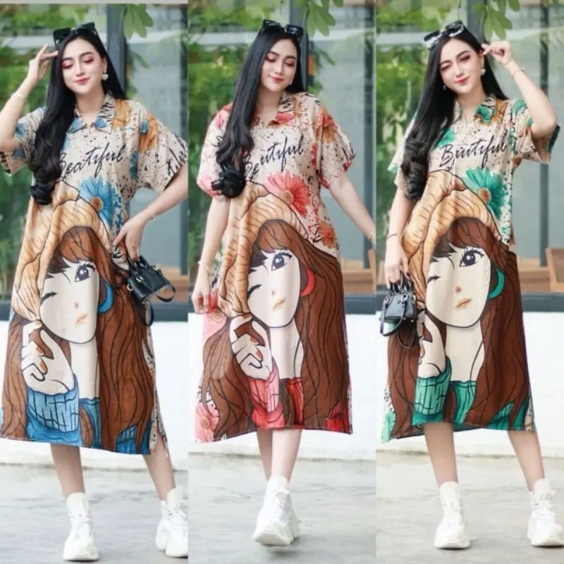 Paket Hemat 2 Pcs Daster Shopia Krah Zipper Bahan Rayon Adem Motif Bumil Pendek Wanita - Panjang, Kancing, Dress 4