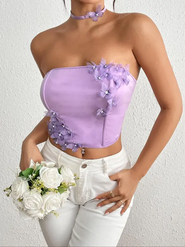 Women's Butterfly Decor Crop Tube Top ＆ Choker, Casual Strapless Top for Daily Wear, Ladies Clothes for All Seasons 2