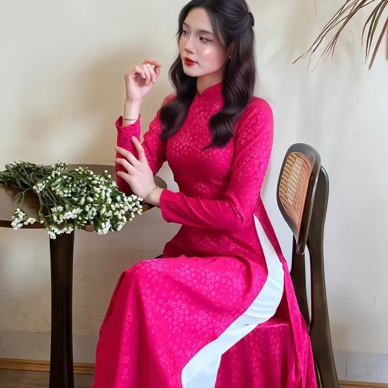 Bộ Áo dài Gấm Lụa Tơ Mềm cổ cao 2cm tay dài hoa nhí kèm quần lụa sang trọng  ( nhiều màu) Women 0
