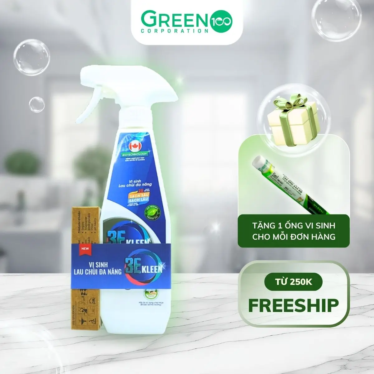 Bộ Vi Sinh Lau Chùi Đa Năng 3E Kleen Làm Sạch Bề Mặt Sàn Gỗ Gương Khử Mùi (1 Chai 500ml + 3 Ống 5ml)