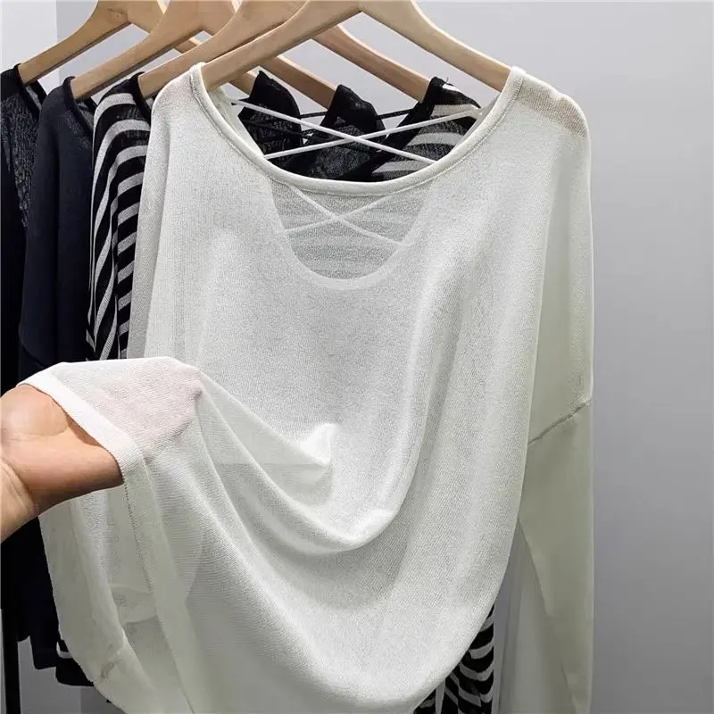 Women's knitted blouse, black pullover, summer ice silk long-sleeved sunscreen clothing, hollow-out thin loose white outer top Knitwear Womenswear Lingerie Comfort Knitting Basic Longsleeve Minimalist