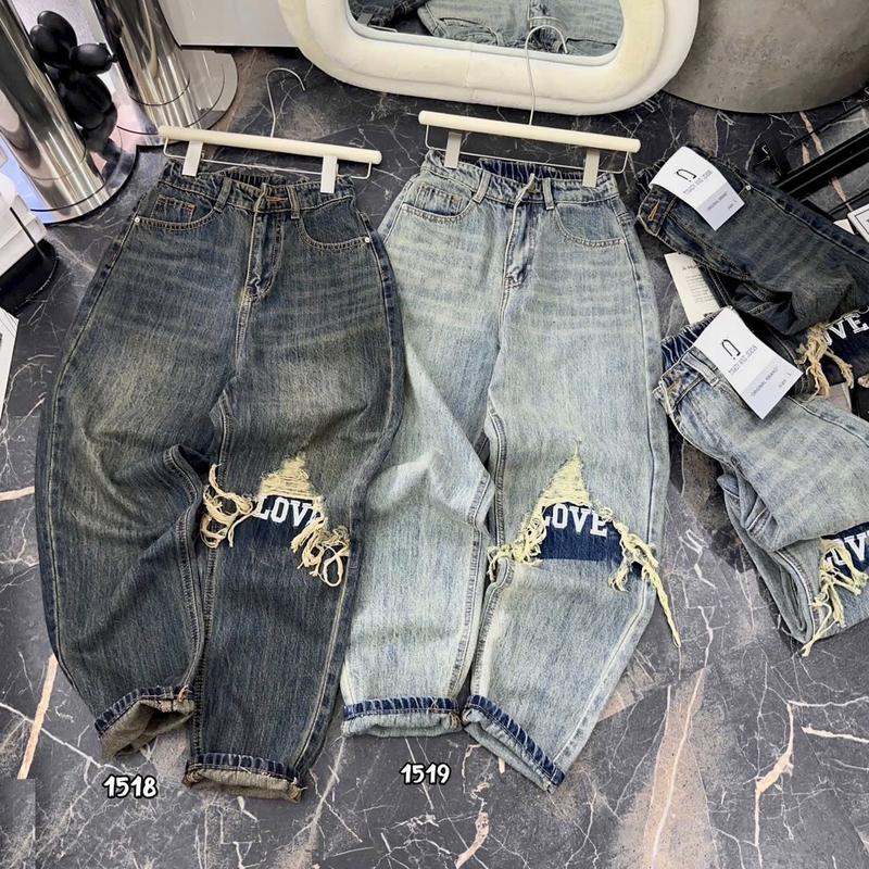 [2160] [Có BIGSIZE ]Quần Baggy Lưng Chun Thêu chữ rách gối Jean Pants Denim Nữ 0