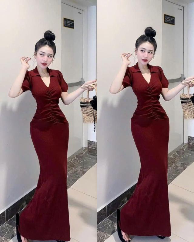 váy đầm body dáng dài cổ sơ mi nhún eo chất thun gân 2 màu như hình Đỏ