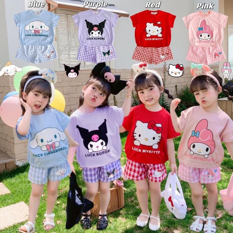Bộ Kuromi quần kẻ caro cho bé gái chất cotton 4 màu dễ thương size 11-44kg đồ bé
