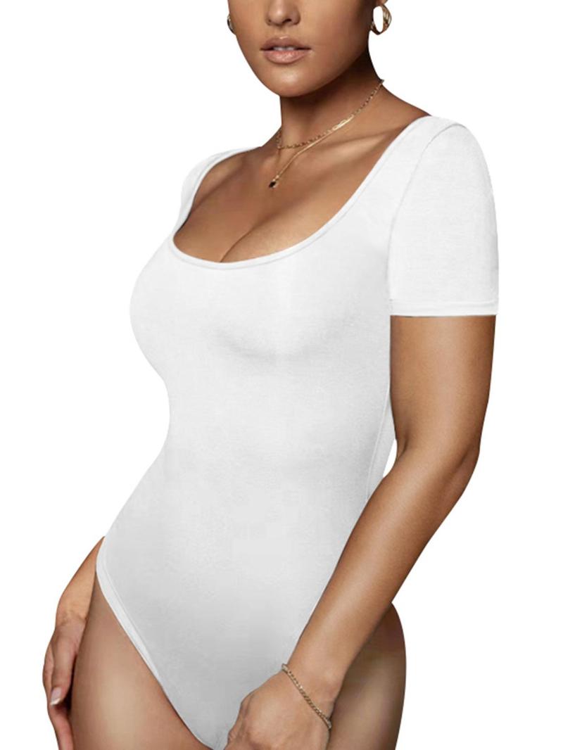 Product Introduction of Women's Solid   Bodysuit, Casual Comfy Short Sleeve Bodysuit for Summer, Ladies Clothes for Daily Wear 8