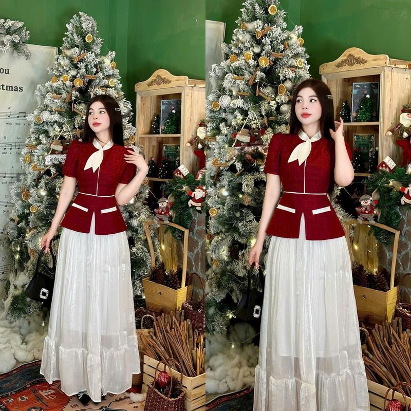 Set đồ nữ áo gấm ánh kim thiết kế cổ nơ peplum tay ngắn xẻ giữa kèm chân váy maxi tơ 2 lớp dáng dài xinh xắn dành cho các nàng diện đi chơi noel Women Dress