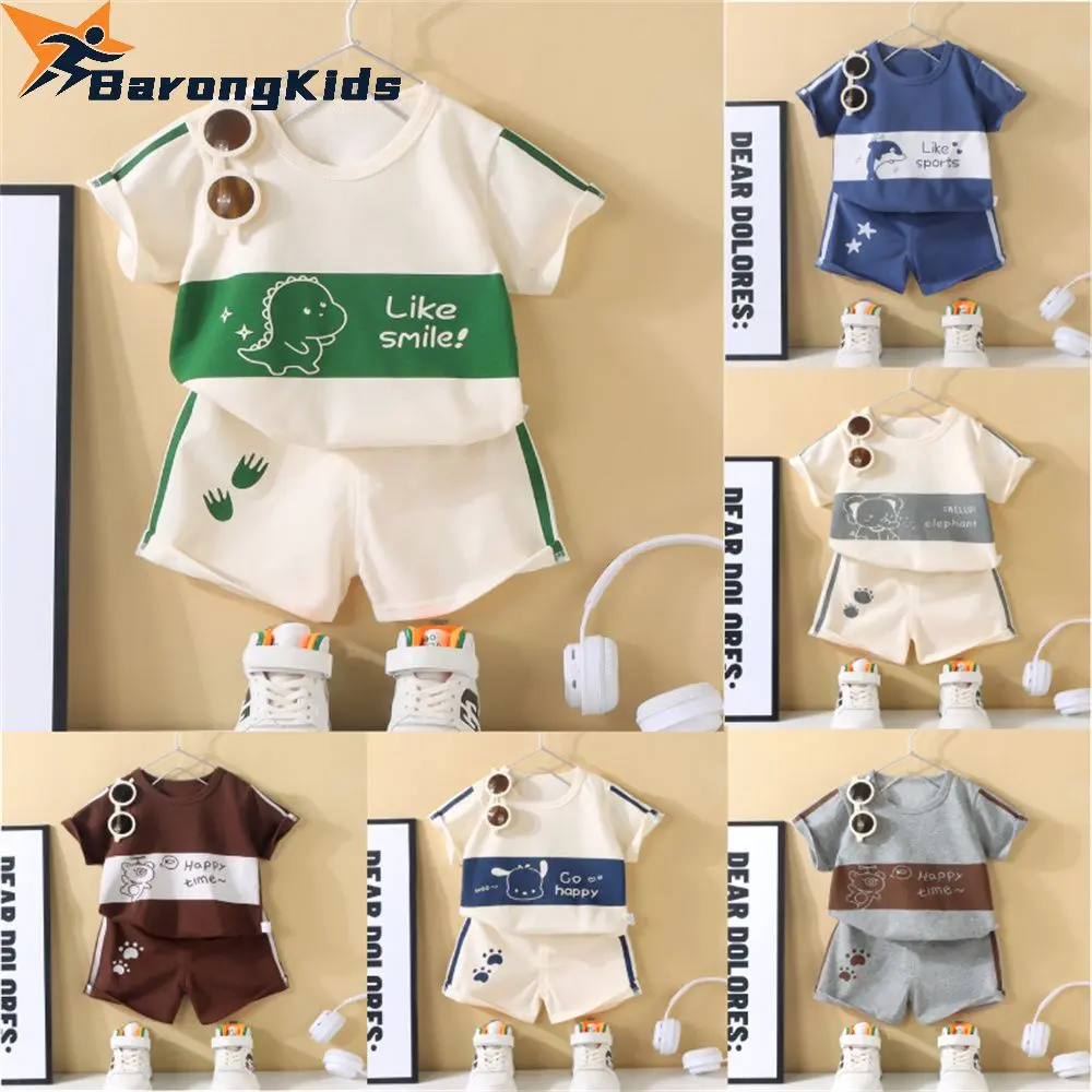 BarongKids Children's Short-sleeved Suit Terno Cartoon Animal Pattern Casual Pullover Shorts Suit Children's T-shirt Suit Boy Baby Baby Clothing Children's Wear